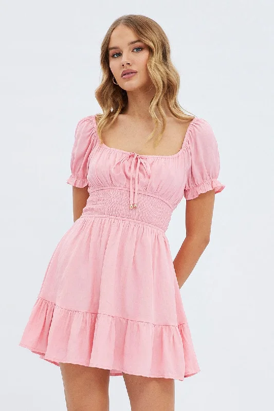 Pink Fit And Flare Dress Short Sleeve Mini