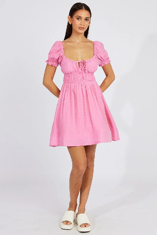 Pink Fit and Flare Dress Short Sleeve Ruched