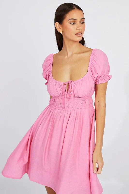 Pink Fit and Flare Dress Short Sleeve Ruched