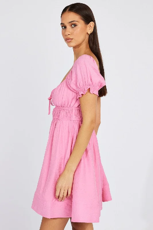 Pink Fit and Flare Dress Short Sleeve Ruched