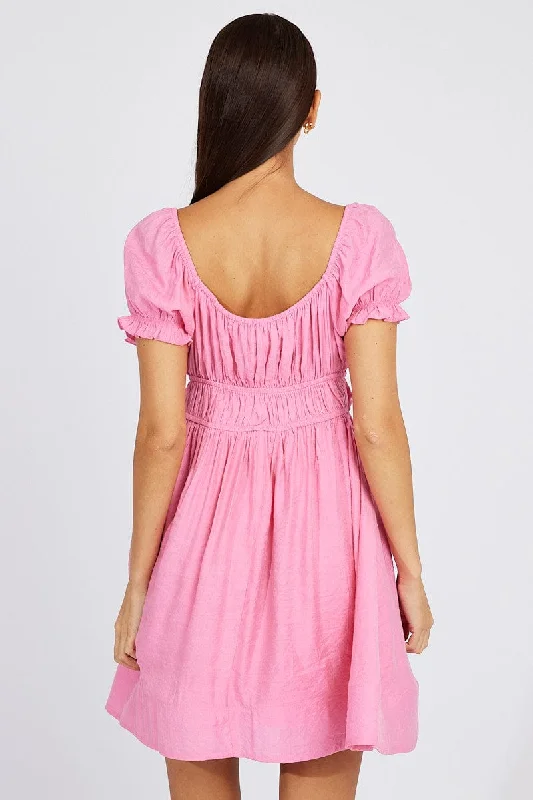 Pink Fit and Flare Dress Short Sleeve Ruched