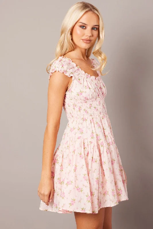 Pink Floral Fit And Flare Dress Puff Sleeve