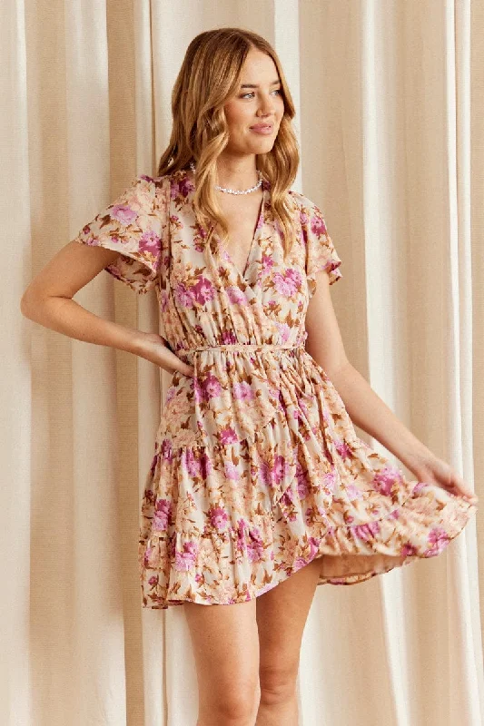 Pink Floral Fit And Flare Dress Short Sleeve Wrap Chiffon