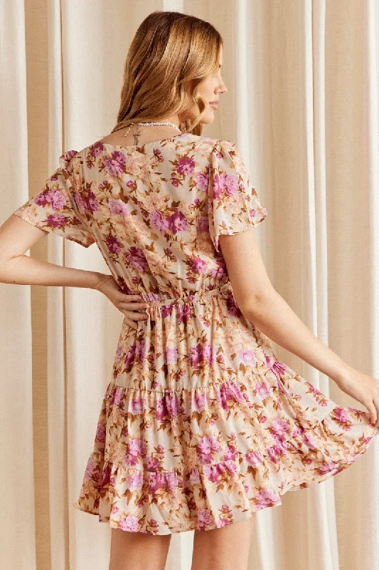 Pink Floral Fit And Flare Dress Short Sleeve Wrap Chiffon