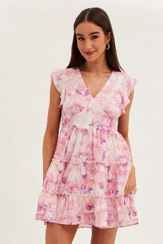 Pink Floral Fit And Flare Dress Sleeveless V-Neck