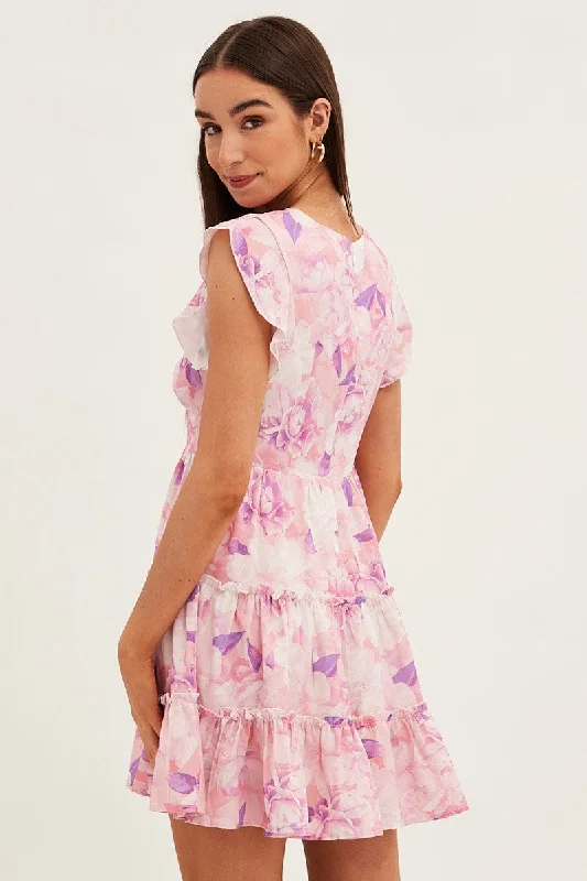 Pink Floral Fit And Flare Dress Sleeveless V-Neck