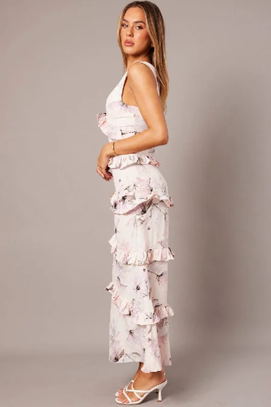 Pink Floral Maxi Dress Tiered Ruffles