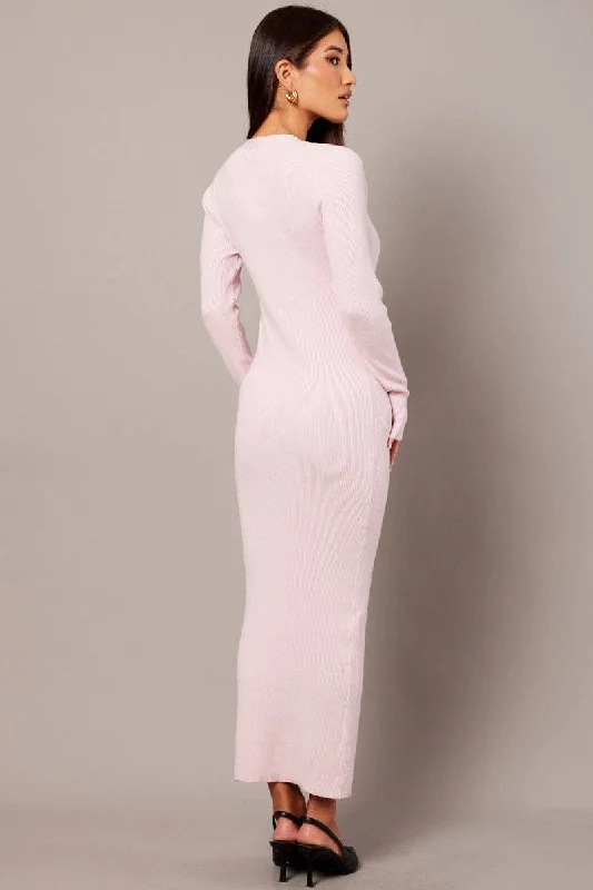 Pink Knit Dress Long Sleeve Button Front