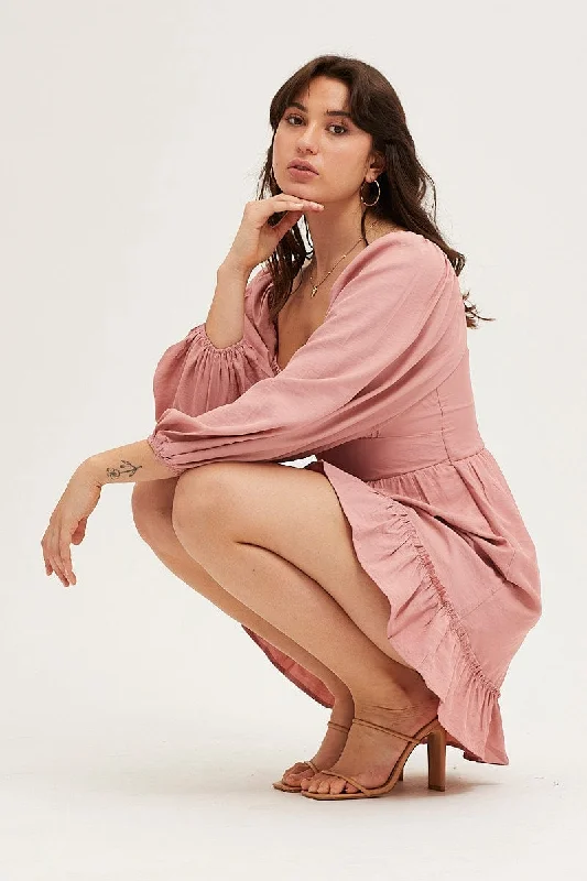 Pink Long Sleeve A-Line Mini Dress