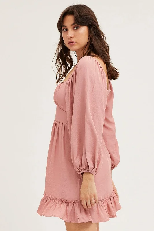 Pink Long Sleeve A-Line Mini Dress