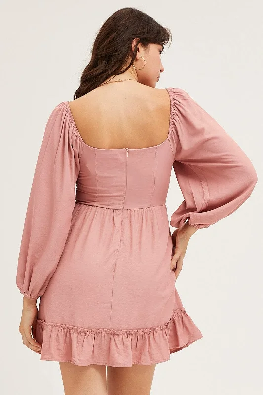 Pink Long Sleeve A-Line Mini Dress