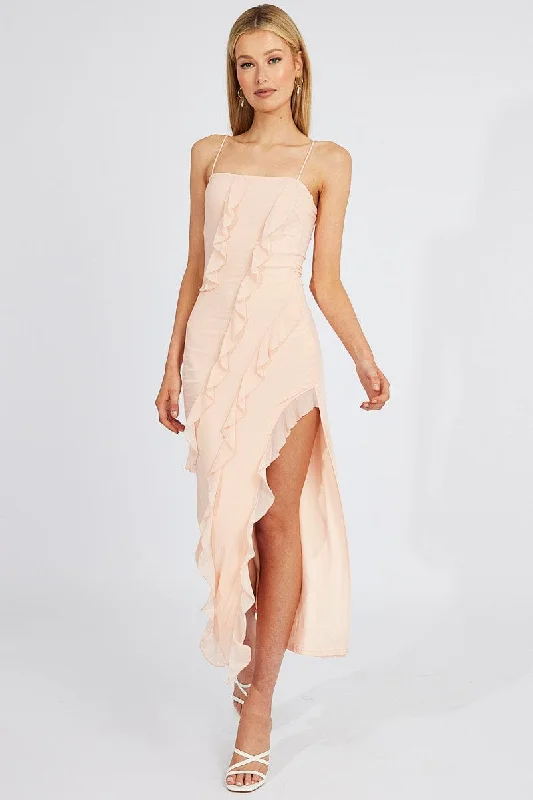 Pink Maxi Dress Frilled Mesh