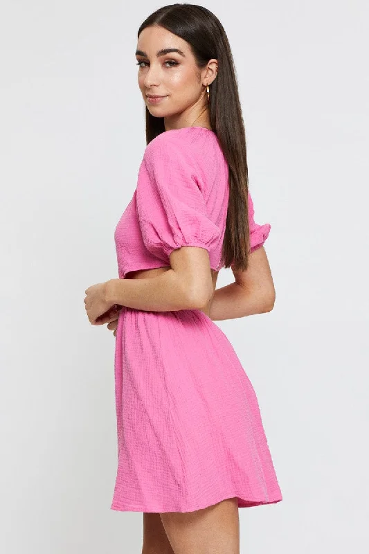 Pink Mini Dress Short Sleeve Round Neck