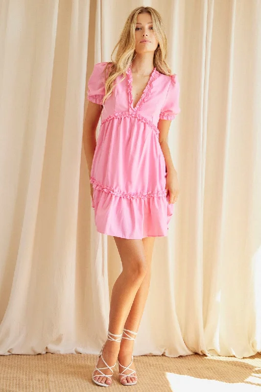 Pink Mini Dress Short Sleeve V Neck