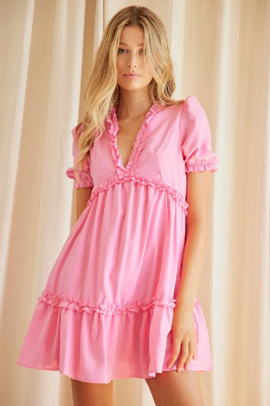 Pink Mini Dress Short Sleeve V Neck