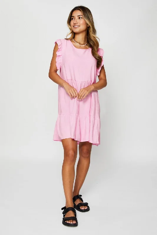 Pink Mini Dress Sleeveless Round Neck