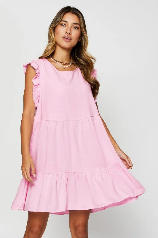 Pink Mini Dress Sleeveless Round Neck