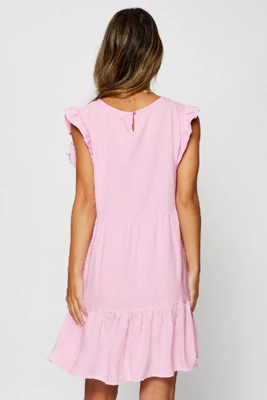 Pink Mini Dress Sleeveless Round Neck