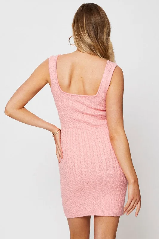 Pink Mini Dress Square Neck Knit