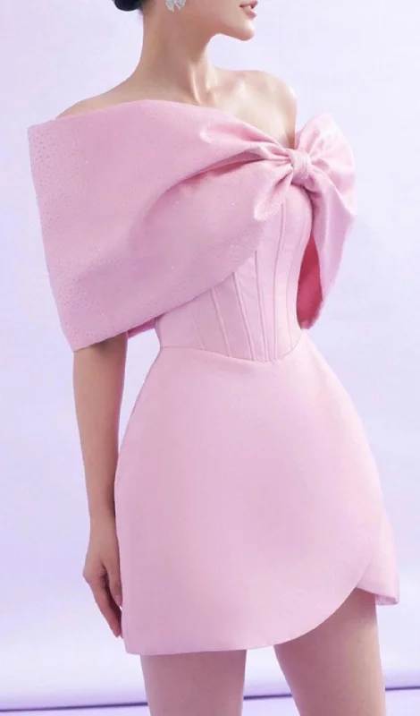 PINK OFF SHOULDER BOWKNOT MINI CORSET DRESS