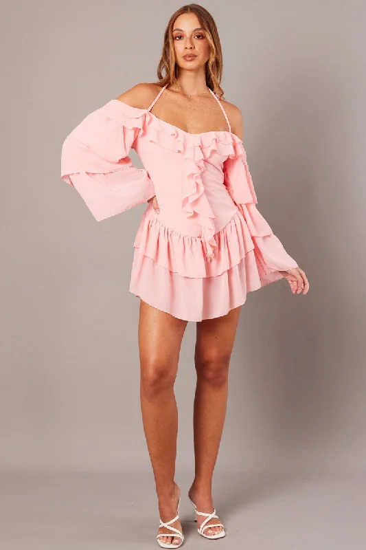 Pink Ruffle Dress Bardot Layered Frill Sleeve Dress