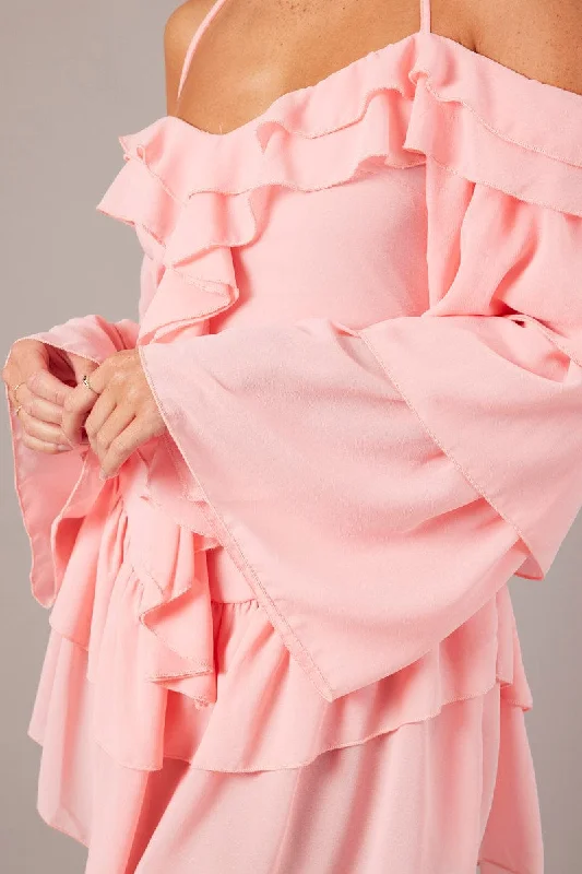 Pink Ruffle Dress Bardot Layered Frill Sleeve Dress