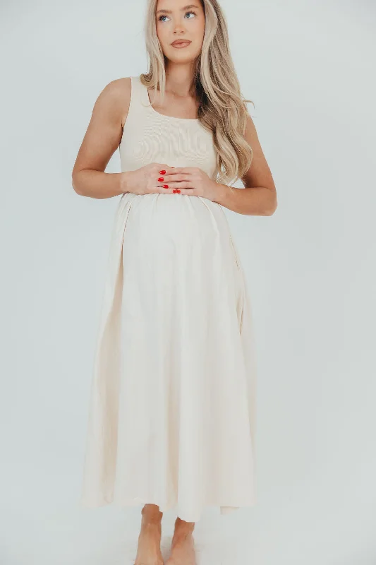 Addie Mixed-Fabric Midi Dress in Natural - Bump Friendly