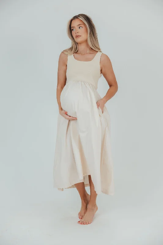 Addie Mixed-Fabric Midi Dress in Natural - Bump Friendly