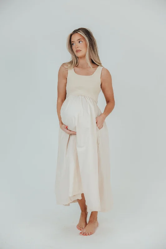 Addie Mixed-Fabric Midi Dress in Natural - Bump Friendly