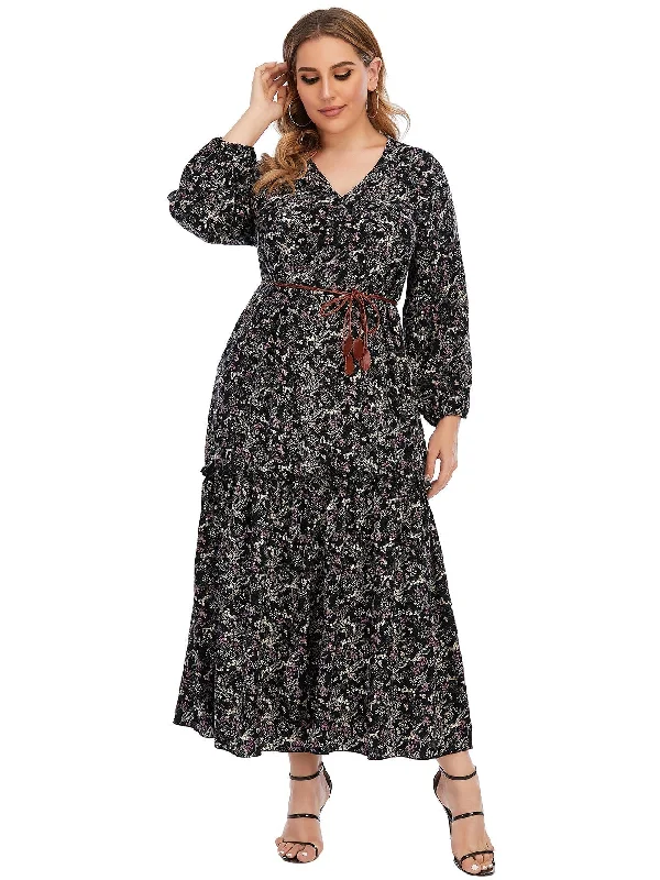 KittenAlarm - Plus Size Paisley Print Ruffled Hem Maxi Dress with Waist Belt