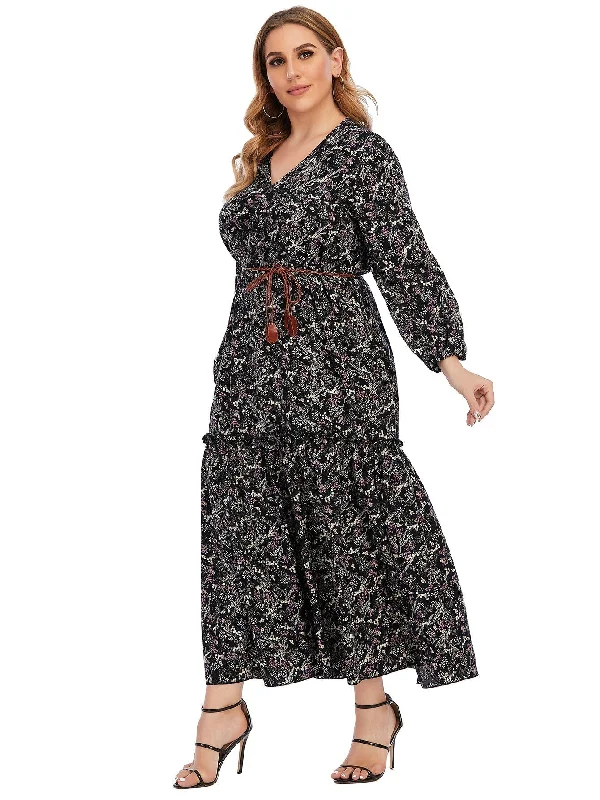 KittenAlarm - Plus Size Paisley Print Ruffled Hem Maxi Dress with Waist Belt