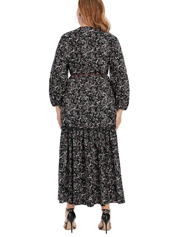 KittenAlarm - Plus Size Paisley Print Ruffled Hem Maxi Dress with Waist Belt