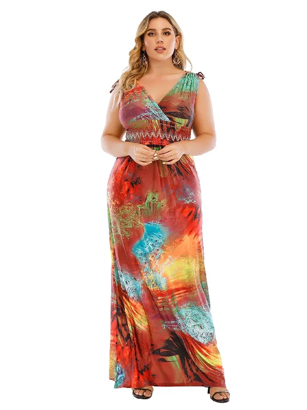 KittenAlarm - Plus Size Tie Shoulder Smocked Waist Maxi Dress