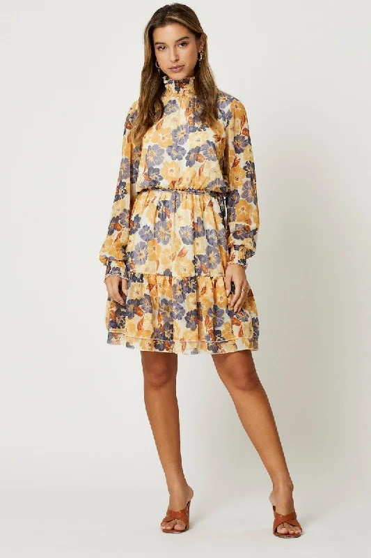 Print Mini Dress Long Sleeve Evening