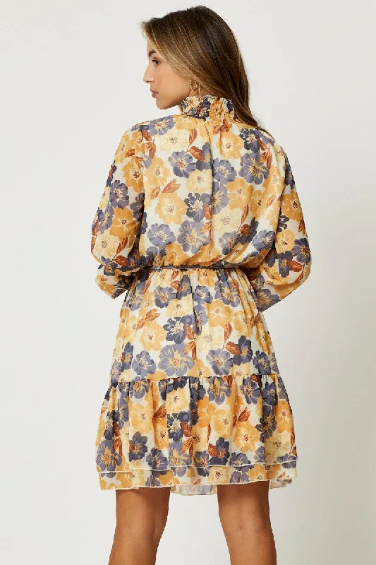 Print Mini Dress Long Sleeve Evening