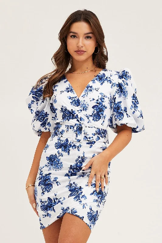 Print Mini Dress Short Puff Sleeve V-Neck Belted