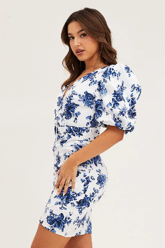 Print Mini Dress Short Puff Sleeve V-Neck Belted