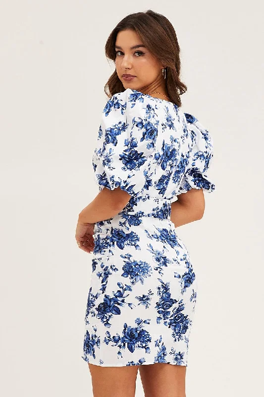 Print Mini Dress Short Puff Sleeve V-Neck Belted