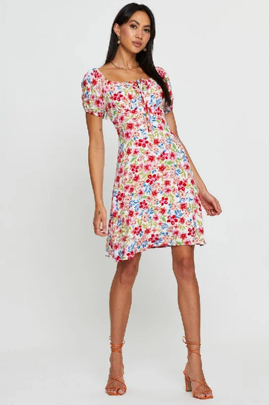 Print Mini Dress Short Sleeve Scoop Neck