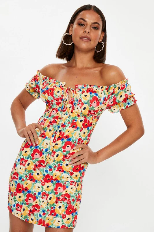 Print Off Shoulder Bustier Mini Dress