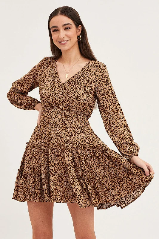 Print Skater Dress Long Sleeve Mini