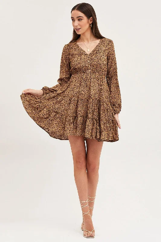 Print Skater Dress Long Sleeve Mini