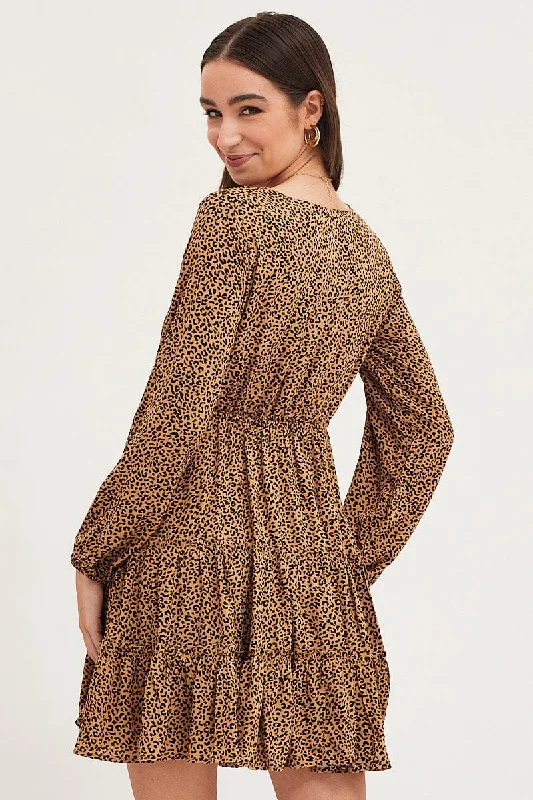 Print Skater Dress Long Sleeve Mini