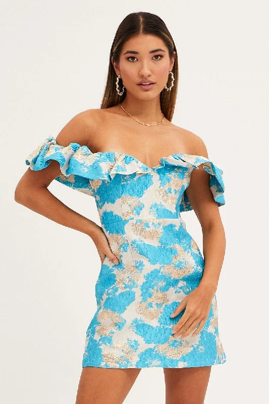 Print Volume Off Shoulder Jacquard Mini Dress