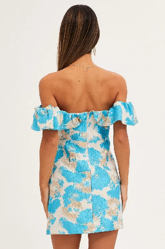 Print Volume Off Shoulder Jacquard Mini Dress