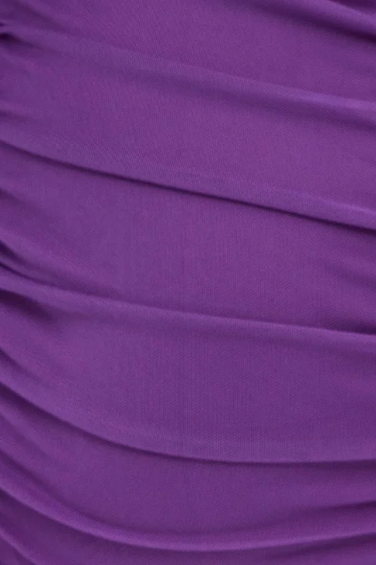 Purple Bodycon Dress Long Sleeve Ruched Mesh