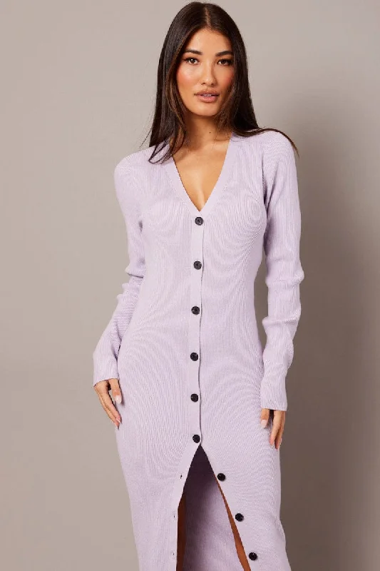 Purple Knit Dress Long Sleeve Button Front