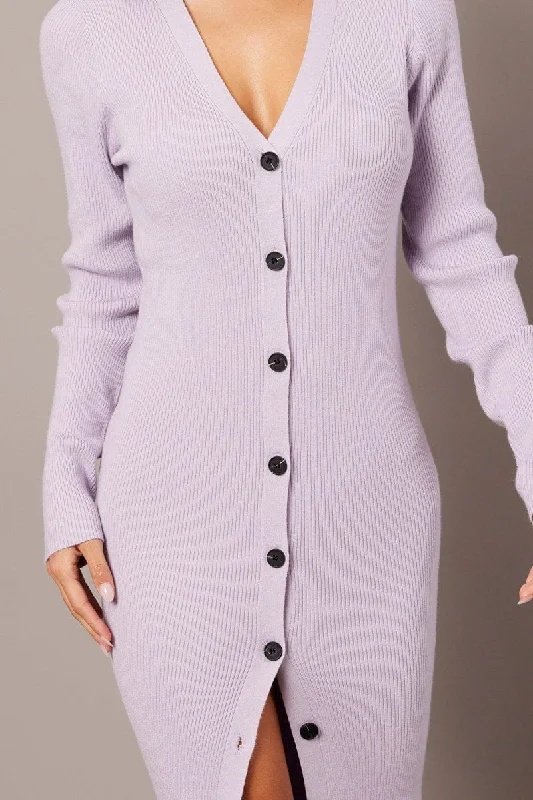 Purple Knit Dress Long Sleeve Button Front