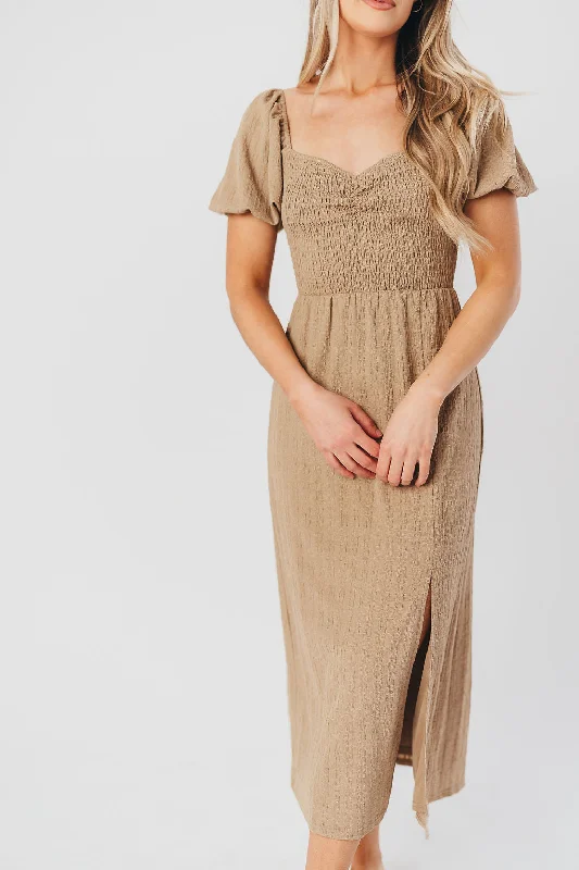 Maria Sweetheart Neckline Midi Dress in Taupe - Bump Friendly & Inclusive Sizing (S-3XL)