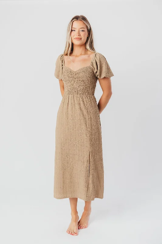 Maria Sweetheart Neckline Midi Dress in Taupe - Bump Friendly & Inclusive Sizing (S-3XL)